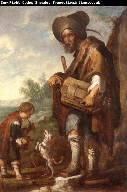 unknow artist A Blind man playing a hurdy-gurdy,together with a young boy playing the drums,with a dancing dog
